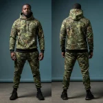 Dual shot displaying the front and back of a men's heavy fleece sweatsuit in a detailed, dark leafy nature camouflage print, perfect for streetwear.
