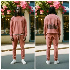 Front and back of a two-piece vintage washed sweatsuit in a warm dusty rose color, featuring a crewneck with a black city skyline graphic on the reverse.