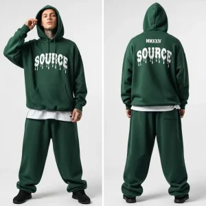 A model wearing a deep forest green streetwear set with a hoodie and wide-leg joggers, featuring a bold, dripping white "SOURCE" print on both the front and back of the sweatshirt.