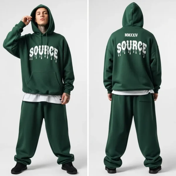 A model wearing a deep forest green streetwear set with a hoodie and wide-leg joggers, featuring a bold, dripping white "SOURCE" print on both the front and back of the sweatshirt.