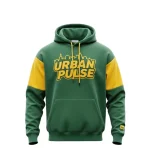 Two-tone dark green pullover hoodie with yellow-blocked sleeves and a large yellow "URBAN PULSE" graphic on the chest with a city skyline silhouette.