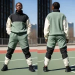 Front and back of a stylish athletic fleece sweatsuit in contrasting panels of green, black, and cream, ideal for a comfortable streetwear look.