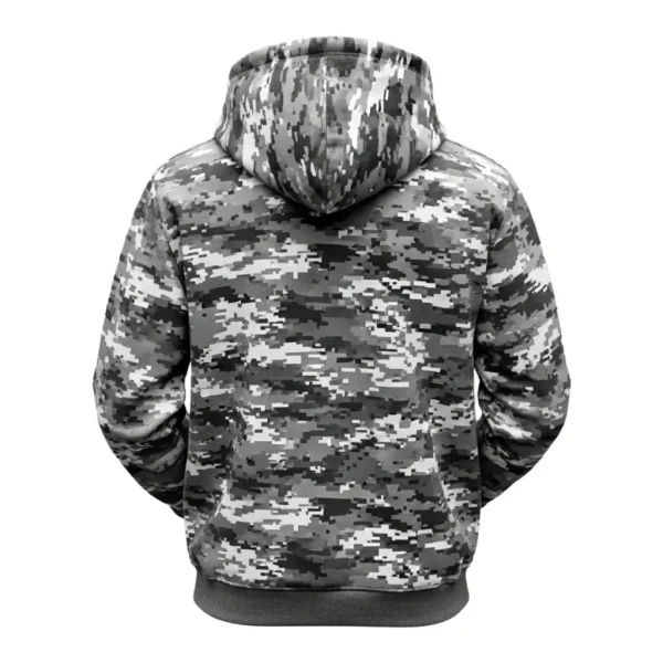 Back perspective of the camo hoodie, highlighting the complete coverage of the monochrome digital camouflage print.