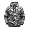 Front of an oversized pullover hoodie featuring a grey and black digital (pixelated) camouflage pattern with a large front pocket and ribbed cuffs.