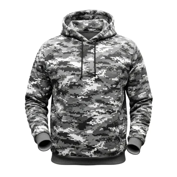 Front of an oversized pullover hoodie featuring a grey and black digital (pixelated) camouflage pattern with a large front pocket and ribbed cuffs.