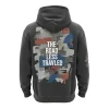 Back view of the grey hoodie featuring a large, abstract brushstroke graphic in white that reads "THE ROAD LESS TRAVLED", creating a grunge and artistic effect.