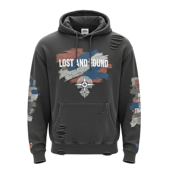 Heavyweight grey hoodie with a subtle distressed wash and white brushstroke graphic that reads "LOST AND FOUND" on the chest.
