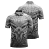 A product image of a custom polo shirt with a unique gray and black gritty gothic motif, displayed from the front and back.