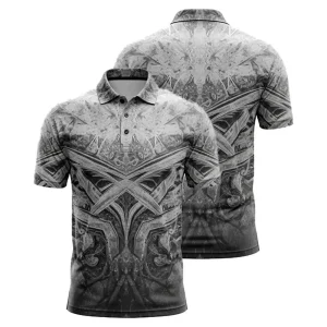A product image of a custom polo shirt with a unique gray and black gritty gothic motif, displayed from the front and back.