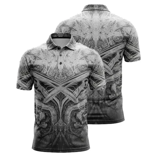 A product image of a custom polo shirt with a unique gray and black gritty gothic motif, displayed from the front and back.