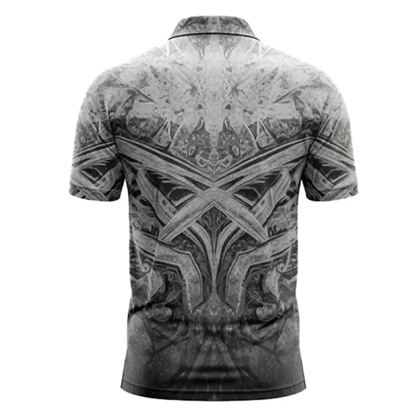 Back view of a gray and black polo shirt with a symmetrical, gritty gothic-style pattern.