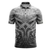 Front view of a gray and black sublimated polo shirt with a gritty, distressed gothic/rock motif pattern.