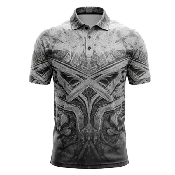Front view of a gray and black sublimated polo shirt with a gritty, distressed gothic/rock motif pattern.