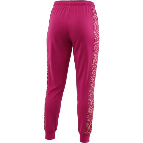 Back view of the hot pink cheer pants showing the metallic gold glitter scroll pattern running down the outer side of both legs, visible near the cuff.