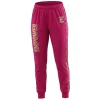 Front view of hot pink cheer warm-up jogger pants featuring the word "EMPOWER" printed vertically down the left leg in bold gold lettering, with an embroidered 'E' near the waist.