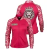 Dual image of a vibrant hot pink cheer jacket with gold scroll print sleeves, featuring the word "QUEENS" on the front and a large, dazzling rhinestone crowned lion on the back.