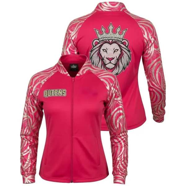 Dual image of a vibrant hot pink cheer jacket with gold scroll print sleeves, featuring the word "QUEENS" on the front and a large, dazzling rhinestone crowned lion on the back.