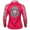 Back view of a hot pink jacket showcasing a detailed lion head wearing a crown on the upper back, fully rendered in sparkling silver and pink rhinestones.