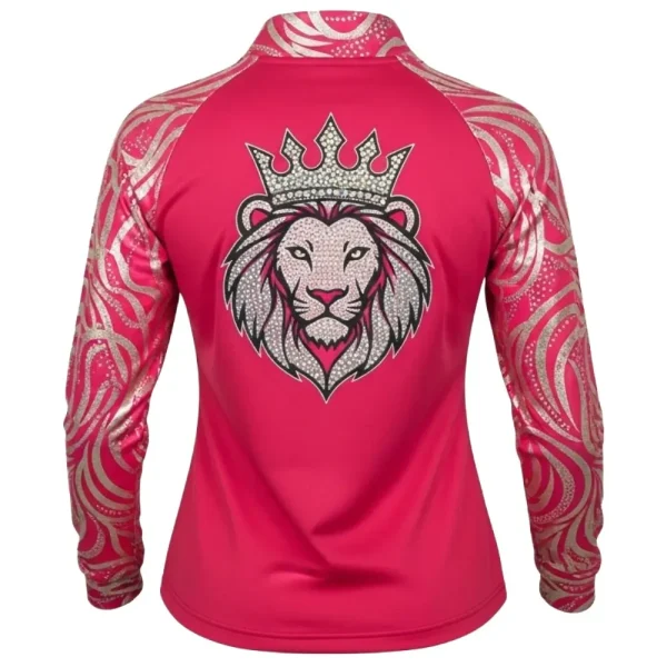 Back view of a hot pink jacket showcasing a detailed lion head wearing a crown on the upper back, fully rendered in sparkling silver and pink rhinestones.