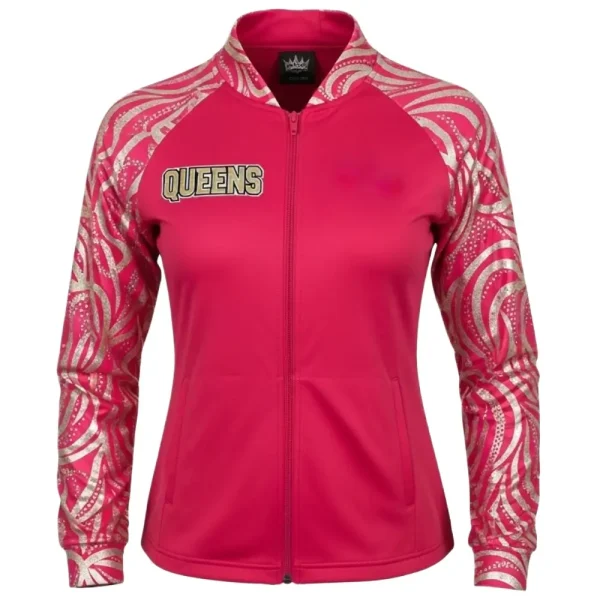 Hot pink women's full-zip cheer warm-up jacket with "QUEENS" in gold text across the chest and metallic gold scrollwork detailing on the raglan sleeves.