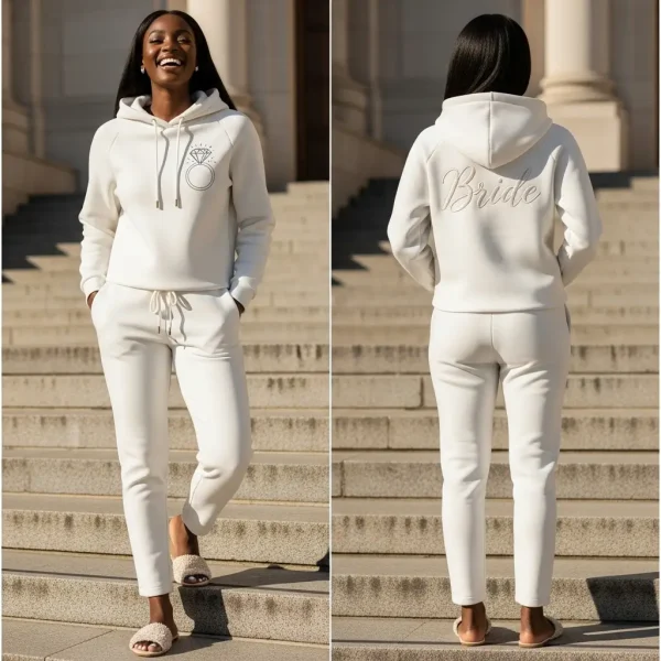 Full product display showing the front and back of a luxurious ivory bride sweatsuit, featuring a front ring graphic and rear 'Bride' script.