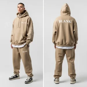 A model wearing the full khaki streetwear tracksuit, with prominent "BLANK" branding on the chest and back, and a distinctive geometric grid design printed on the lower sleeves.