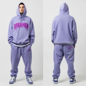 An oversized lavender purple hoodie and jogger tracksuit, showcasing the unique dripping "DREAMER" text on the front and a minimal cloud logo on the back of the pants, all utilizing puff print.