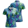 A product image of a custom sublimated women's polo shirt featuring a multi-color psychedelic swirl pattern, shown from the front and back.