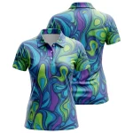 A product image of a custom sublimated women's polo shirt featuring a multi-color psychedelic swirl pattern, shown from the front and back.