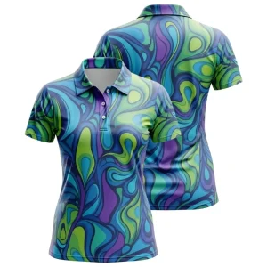 A product image of a custom sublimated women's polo shirt featuring a multi-color psychedelic swirl pattern, shown from the front and back.