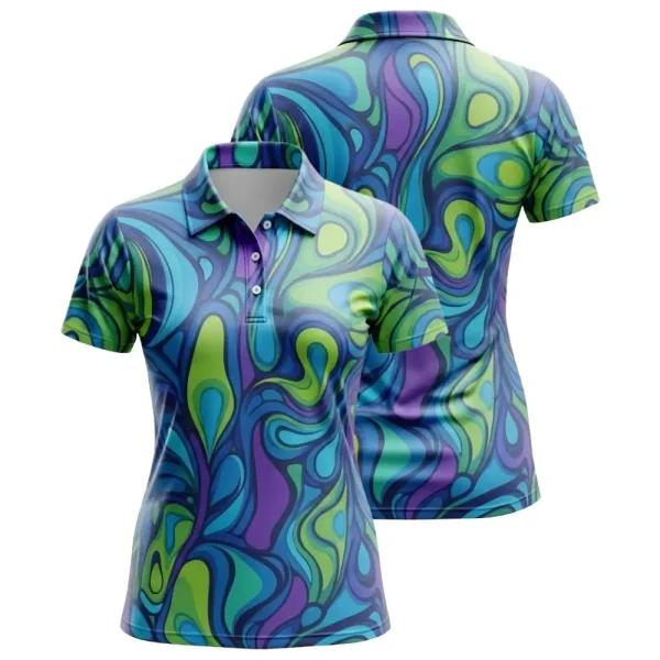 A product image of a custom sublimated women's polo shirt featuring a multi-color psychedelic swirl pattern, shown from the front and back.