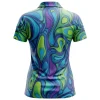 Back view of a women's polo shirt with a bright, flowing psychedelic swirl design.