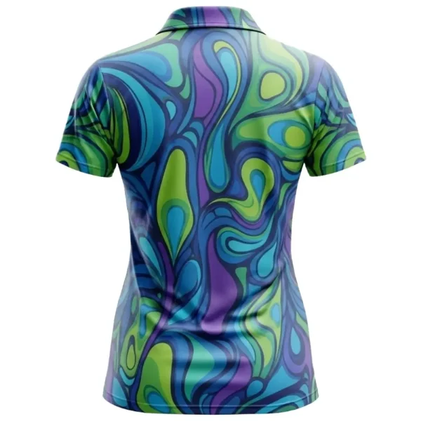 Back view of a women's polo shirt with a bright, flowing psychedelic swirl design.