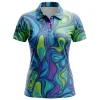 Front view of a women's polo shirt with a vibrant, all-over psychedelic swirl pattern in blue, purple, and green.