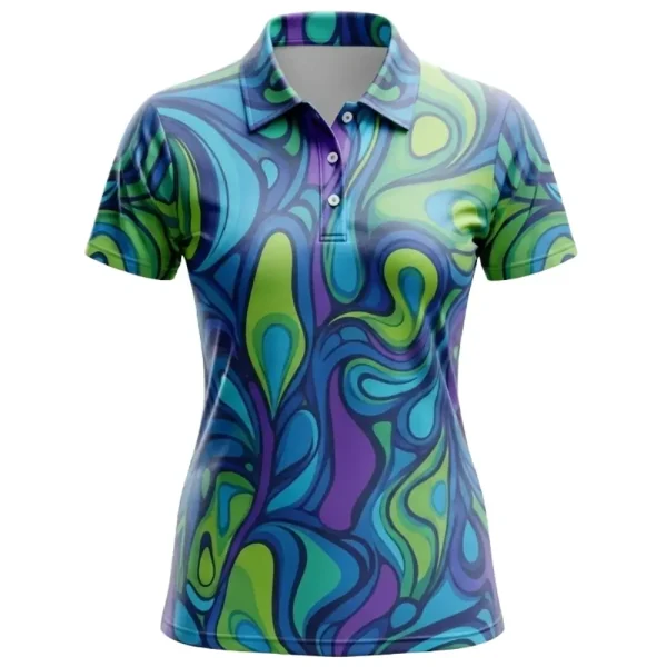 Front view of a women's polo shirt with a vibrant, all-over psychedelic swirl pattern in blue, purple, and green.