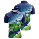 A product image of a custom golf polo shirt with a dynamic navy blue and green abstract golf scene graphic, shown from the front and back.