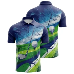 A product image of a custom golf polo shirt with a dynamic navy blue and green abstract golf scene graphic, shown from the front and back.