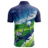 Back view of a golf polo shirt with a continuation of the abstract navy blue and green golf scene graphic.