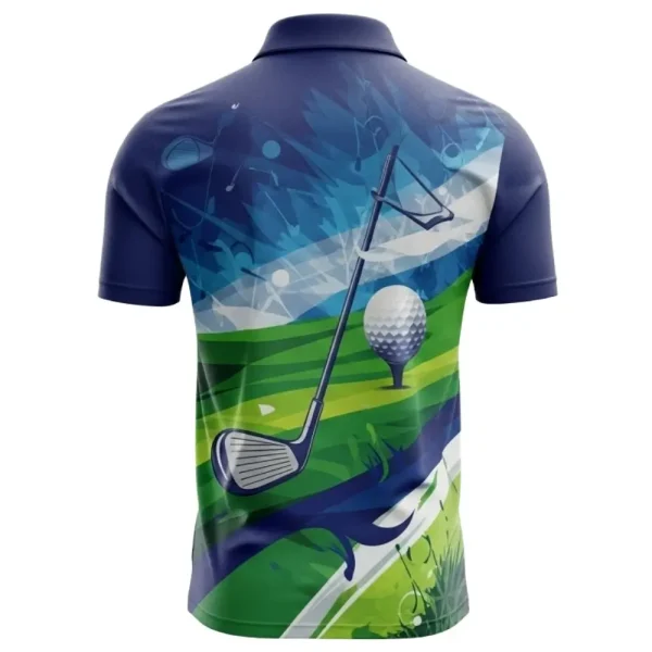 Back view of a golf polo shirt with a continuation of the abstract navy blue and green golf scene graphic.