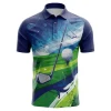 Front view of a sublimated golf polo shirt featuring a graphic design of a golf scene with a club, ball, tee, and abstract navy blue and green grassy background.