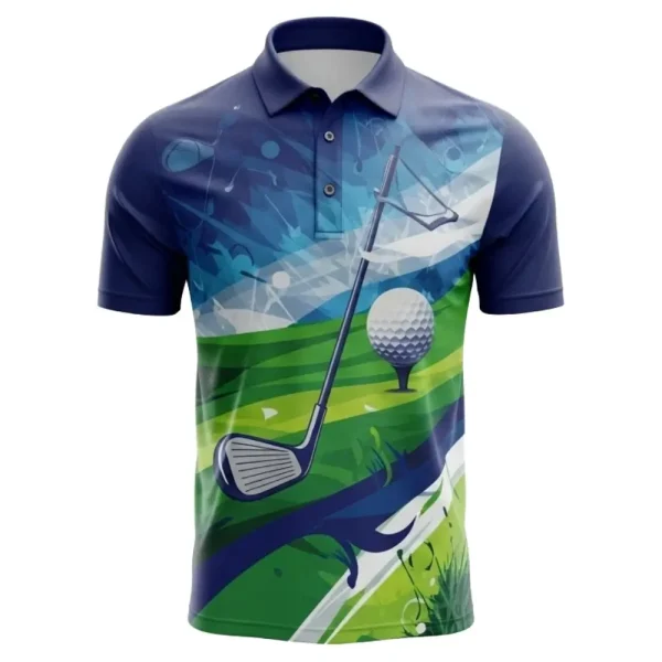 Front view of a sublimated golf polo shirt featuring a graphic design of a golf scene with a club, ball, tee, and abstract navy blue and green grassy background.