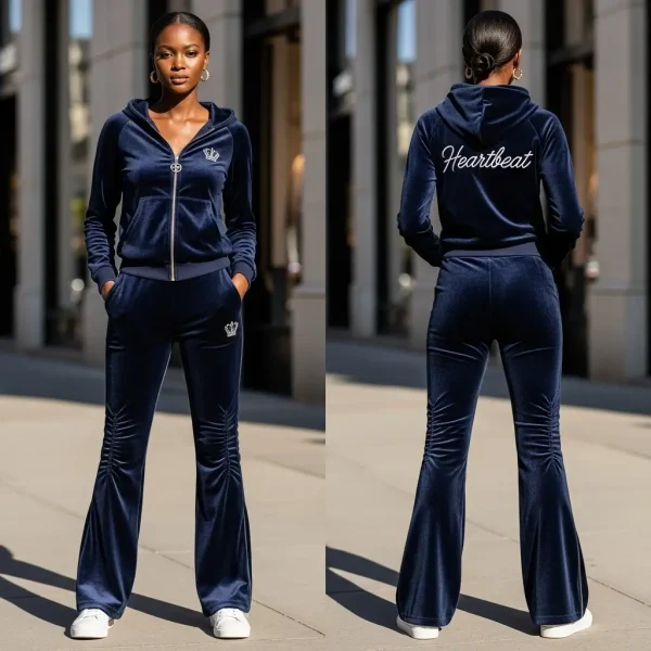 Full product display showing the front and back of a luxurious navy blue velour sweatsuit, featuring a rhinestone crown logo, 'Heartbeat' embroidery, and ruched flared leg bottoms.