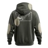 Rear of the olive pullover, showcasing a large white line art map graphic framed on the back, with intentional light spot fading around the design.
