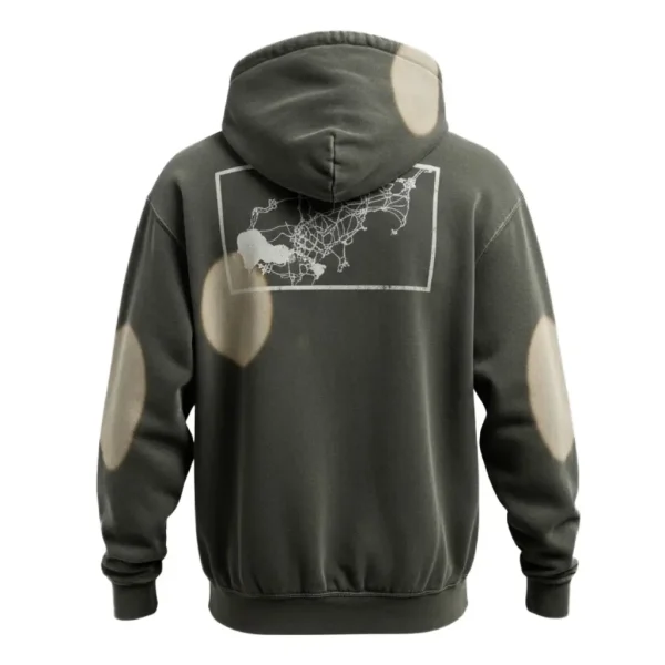 Rear of the olive pullover, showcasing a large white line art map graphic framed on the back, with intentional light spot fading around the design.