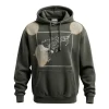 Front view of an olive green hoodie with intentional fading, featuring a white line art map graphic in a box on the chest.