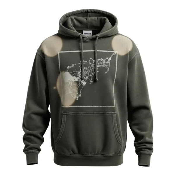 Front view of an olive green hoodie with intentional fading, featuring a white line art map graphic in a box on the chest.