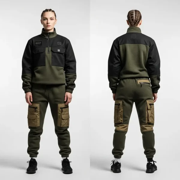 Front and back of a rugged military-inspired sweatsuit in olive green and black, emphasizing the technical features like multiple pockets and contrasting nylon accents.