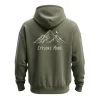Back of the olive green pullover, featuring a large, central white outline graphic of jagged mountains and the moon above the text 'EXPLORE MORE'.