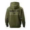 Rear of the olive green hoodie, showcasing the phrase 'WANDER LOST' in large distressed block letters above a compass rose graphic.