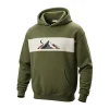 Front of an olive green hoodie featuring a white color-block band across the chest with a stylized mountain and moon graphic.